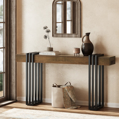 63" Long Console Table, Wood Entryway Table with Black Parallel Metal Frame &amp; Outlet, Behind Couch Table for Hallway Living Room Foyer, Walnut