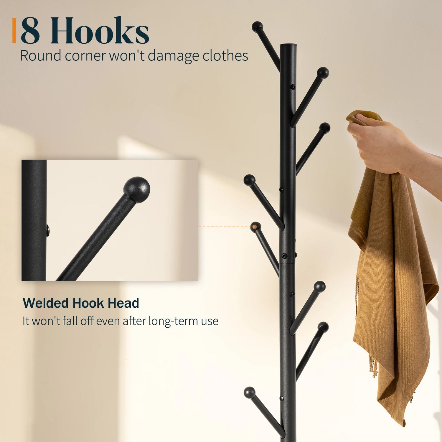 Coat Rack Freestanding with Natural Marble Base, Coat Tree with 8 Hooks, Metal Hall Tree for Jacket, Hat, Bag, Coat Hanger Stand for Entryway