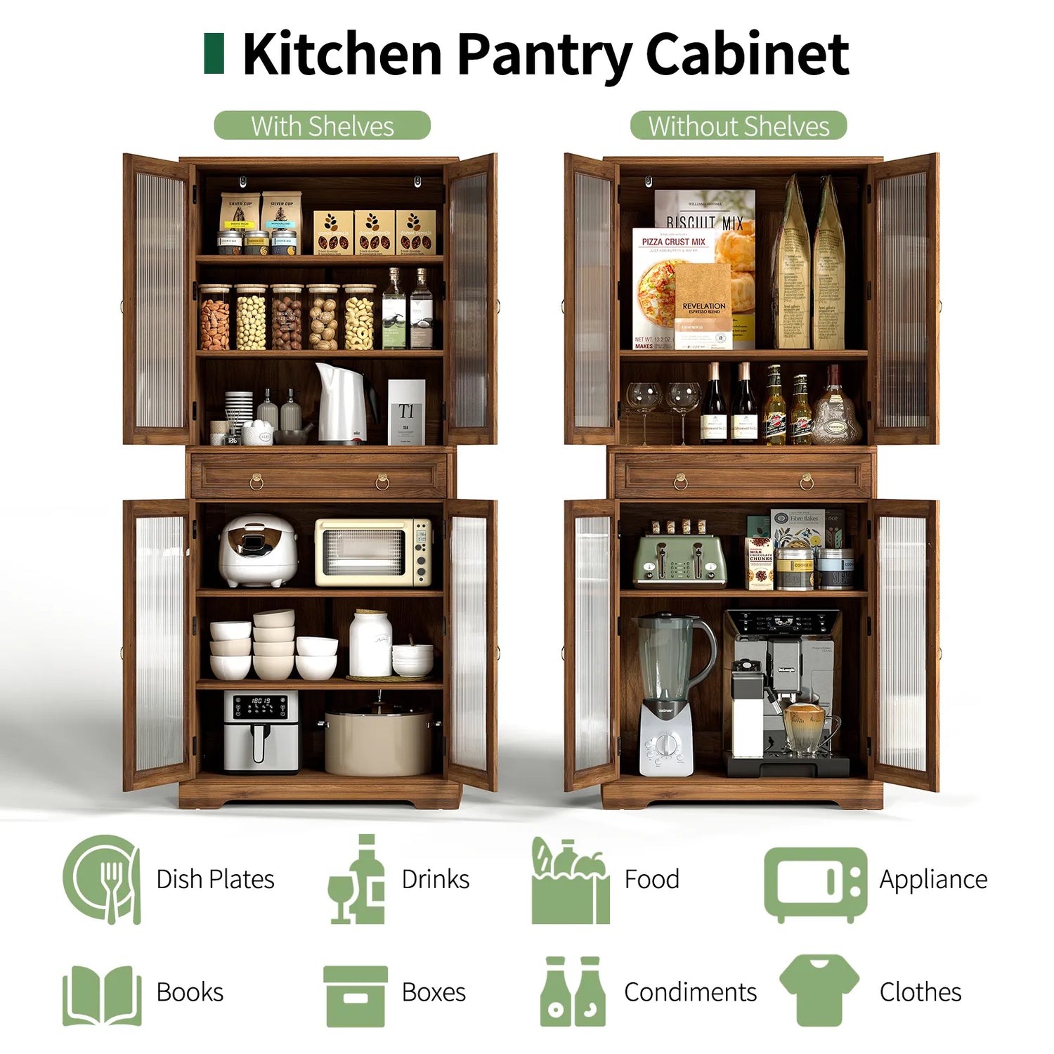 Curlaky 72" Kitchen Pantry Cabinet with Doors and Adjustable Shelves, Tall Kitchen Pantry Storage Cabinet with Drawers, Wood Food Storage Cabinets, Freestanding Cupboard for Dining Room, Living Room
