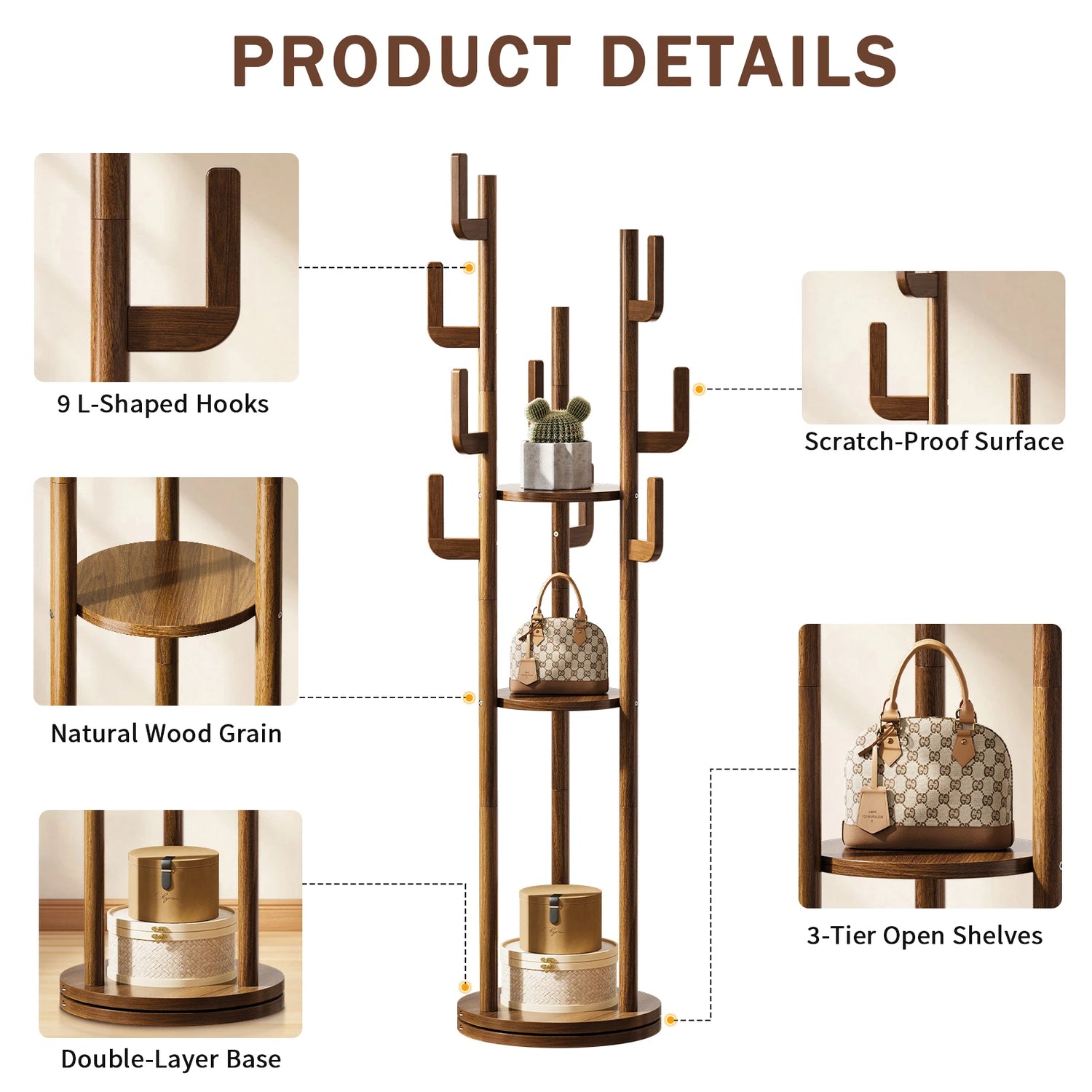Rotary Coat Rack Freestanding, Solid Wood Coat Tree with 9 Hooks &amp; 3 Open Shelves for Corner, Entryway, Hall Tree for Purse, Bag, Jacket, Hat