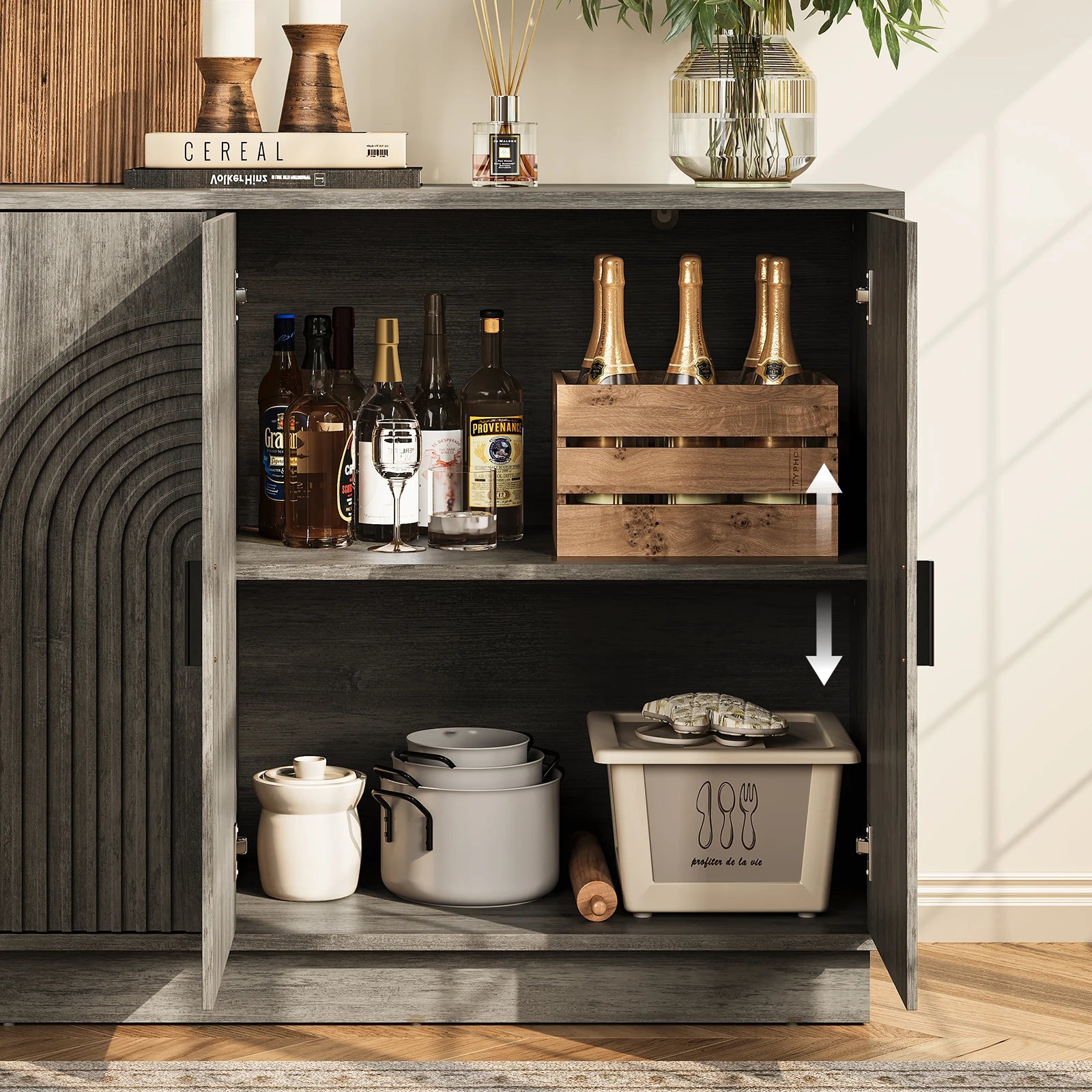 CURLA Fluted Sideboard Buffet Cabinet with Storage, 57" Coffee Bar Cabinet with 4 Doors &amp; Adjustable Shelf, Credenza for Kitchen Living Room