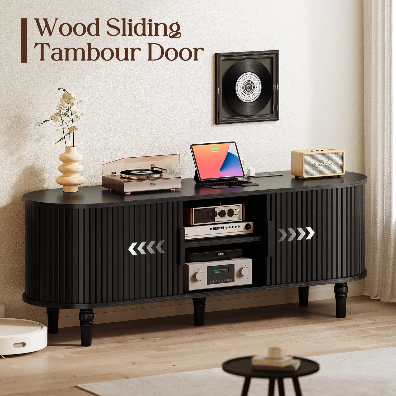 CURLA 55" TV Stand with Power Outlet, Entertainment Center with Sliding Tambour Door, Modern TV Stands for Living Room Bedroom, LED Media Console