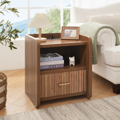 Fluted Nightstand with Charging Station,Wood Bedside Table Night Stand with Drawer and Open Shelf,Modern End Side Table for Bedroom Living Room