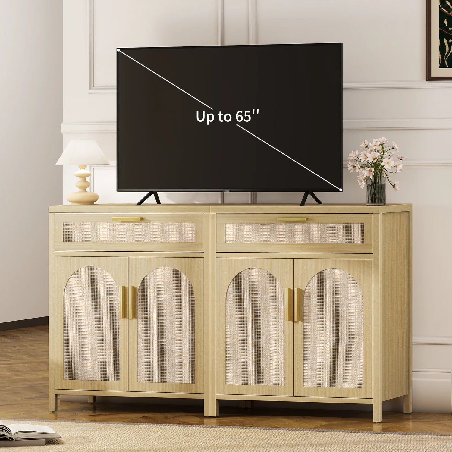 Rattan Buffet Cabinet with Storage, Sideboard Cabinet with Doors and Shelves, Accent Storage Cabinet with Drawers, Wood Coffee Bar for Kitchen