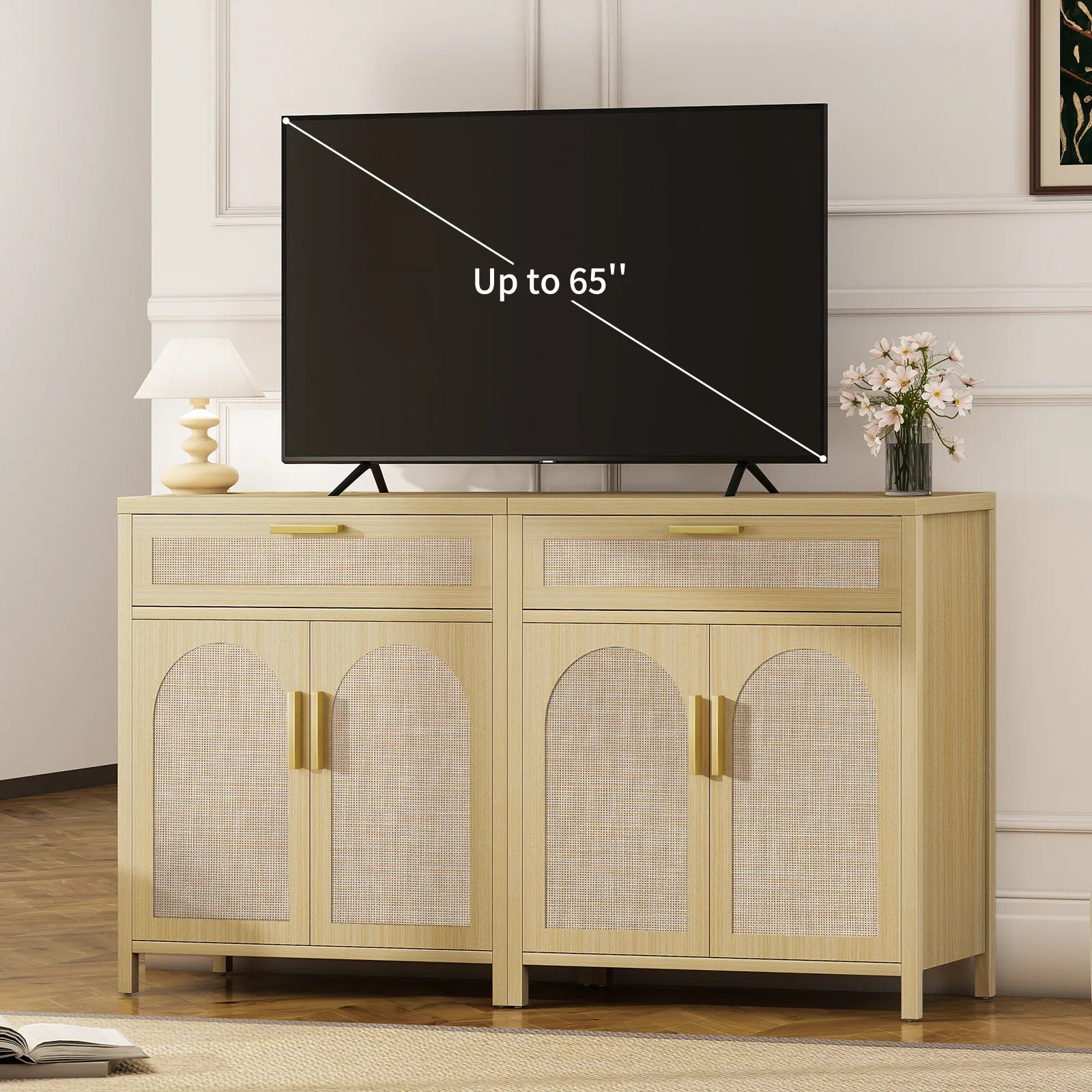 Rattan Buffet Cabinet with Storage, Sideboard Cabinet with Doors and Shelves, Accent Storage Cabinet with Drawers, Wood Coffee Bar for Kitchen