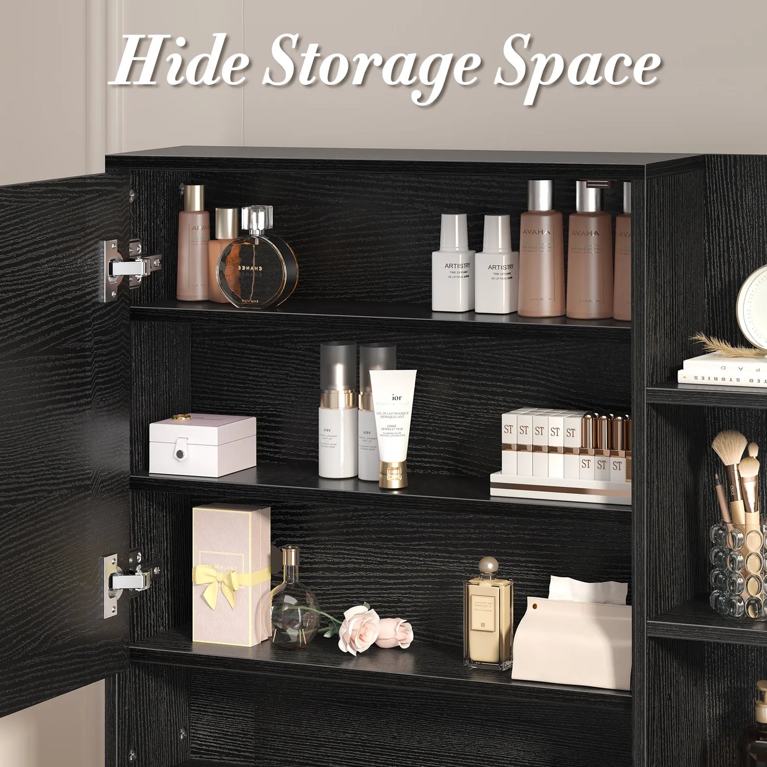 Vanity Desk with Mirror and Lights, Makeup Vanity Desk with Drawers &amp; Cabinet, Vanities with Upholstered Chair, Black Makeup Table with Storage Shelves, Girls Dressing Table for Bedroom