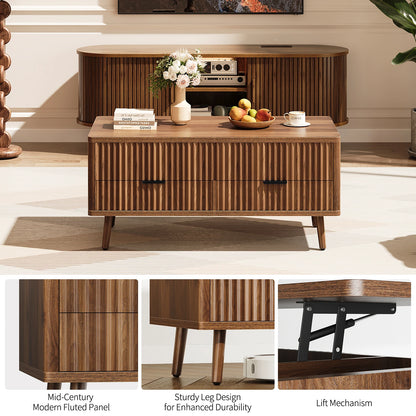 Lift Top Coffee Table with Storage, Wood Coffee Tables for Living Room with Drawers &amp; Hidden Compartment, Mid Century Modern Center Table，Walnut