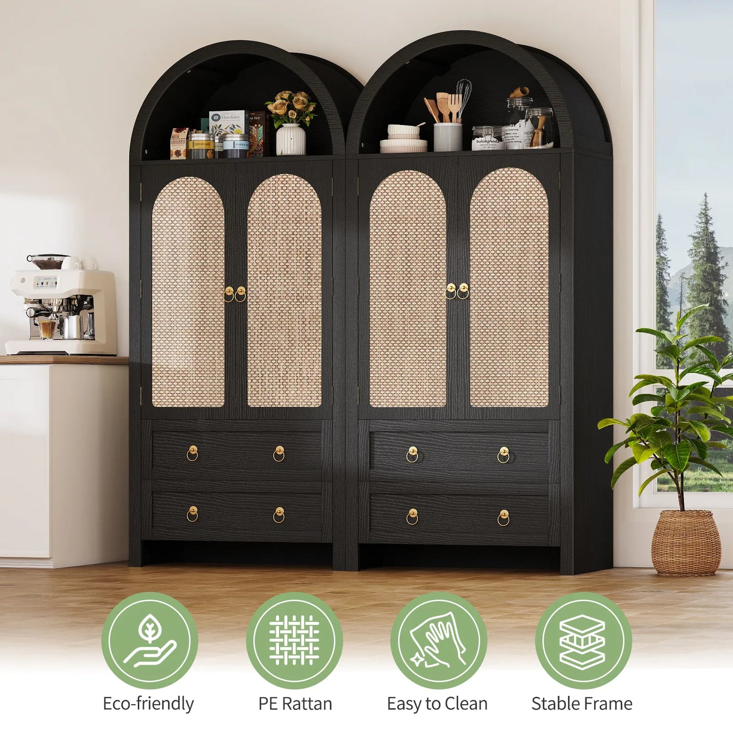 71" Tall Arched Kitchen Pantry Storage Cabinet, Food Pantry Cabinet Bookshelf with 2 Drawers, Wood Storage Cabinets with Door for Dining Room, Living Room