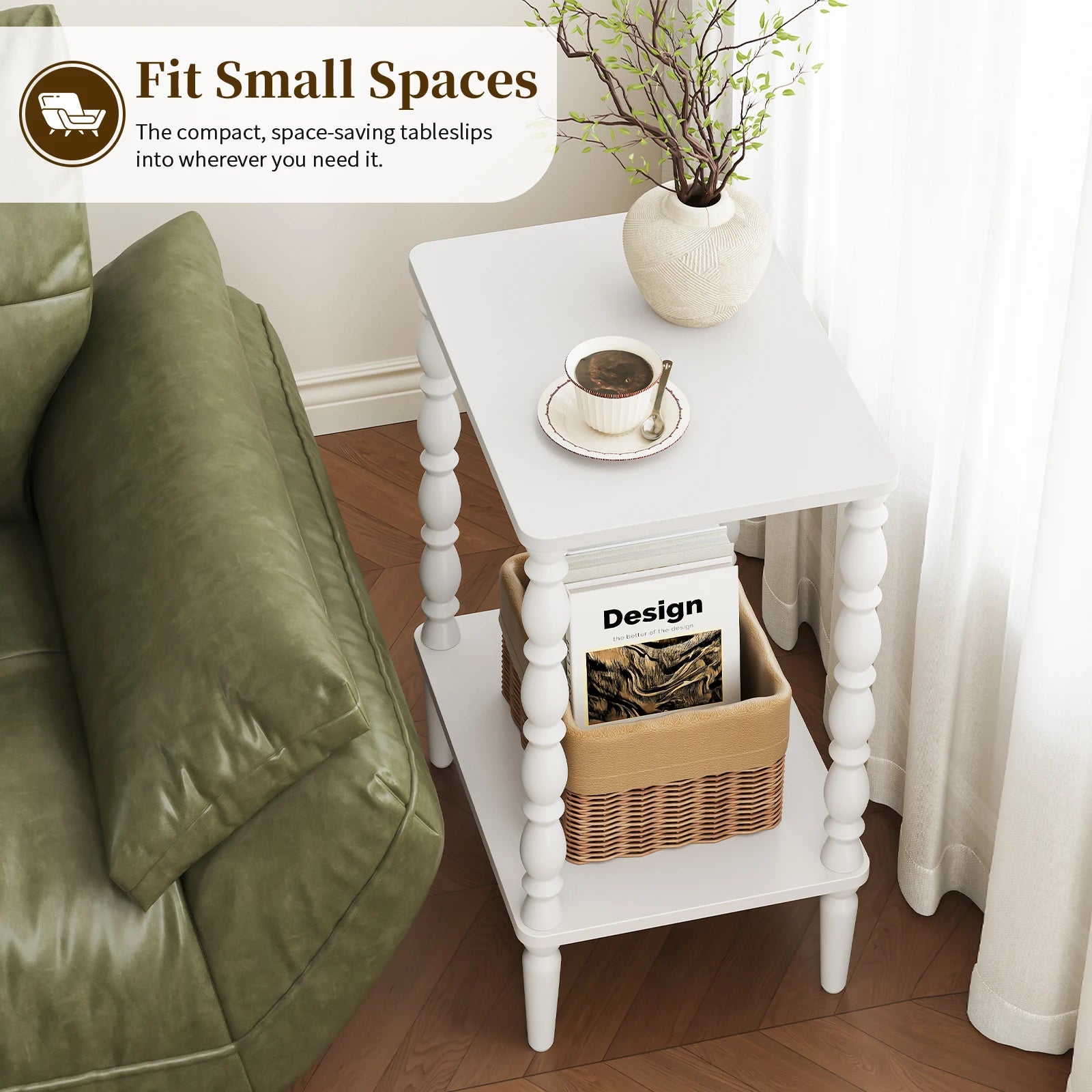 Maliowa 2-Tier Side Table, Small End Table for Living Room Bedroom with Storage Shelf, Vintage Accent Table Nightstand with Spindle Legs