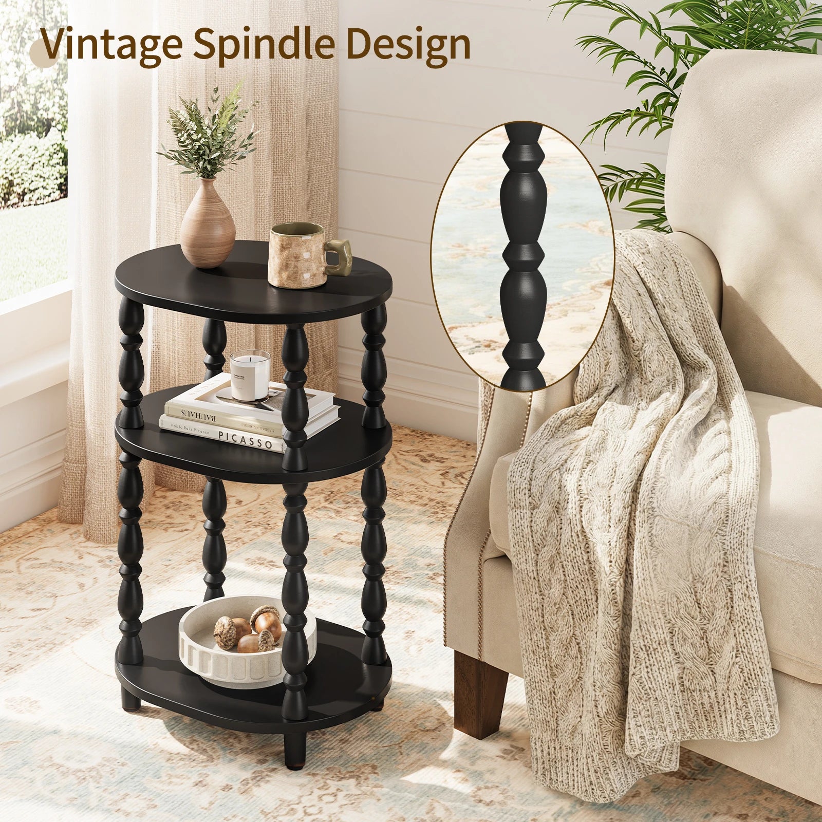 Maliowa 3-Tier Side Table, Small End Table for Living Room Bedroom, Accent Table Nightstand with Storage Shelf for Narrow Spaces