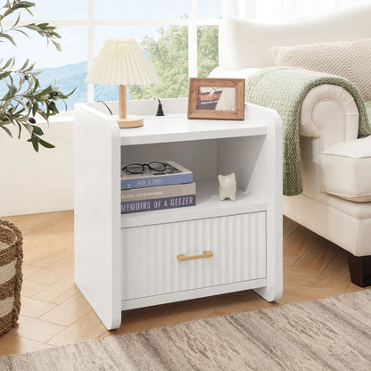 Fluted Nightstand with Charging Station,Wood Bedside Table Night Stand with Drawer and Open Shelf,Modern End Side Table for Bedroom Living Room