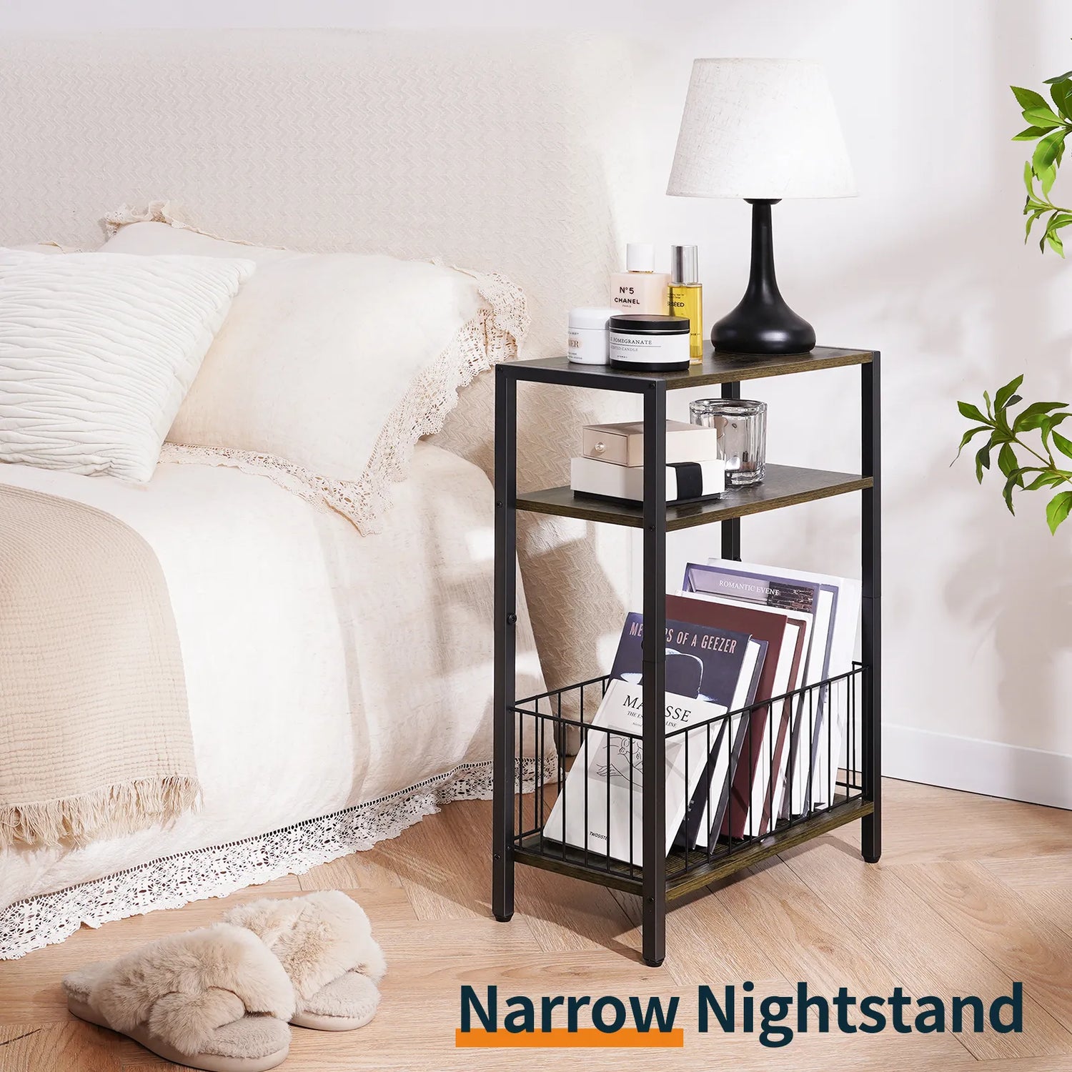 Yoob Narrow Side Table with Storage Basket, Small End Table for Small Spaces, Skinny End Tables Living Room Bedroom Office, 3 Tier Slim Nightstand