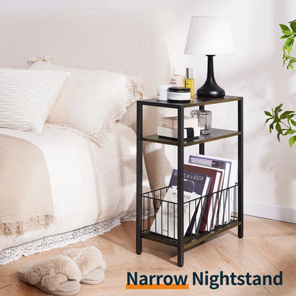 Yoob Narrow Side Table with Storage Basket, Small End Table for Small Spaces, Skinny End Tables Living Room Bedroom Office, 3 Tier Slim Nightstand