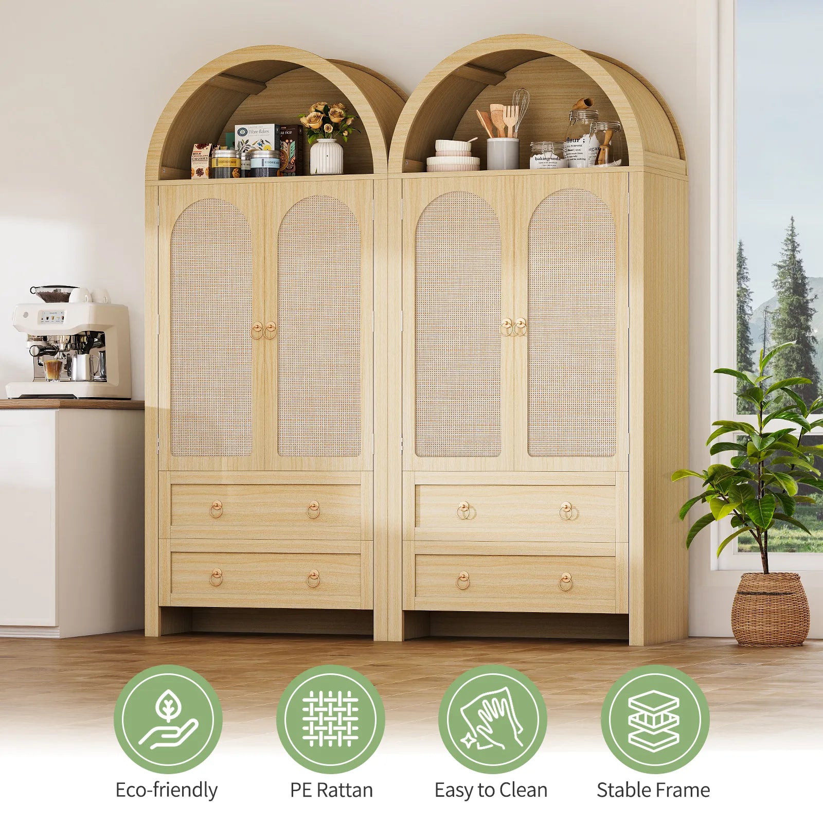 71" Tall Arched Kitchen Pantry Storage Cabinet, Food Pantry Cabinet Bookshelf with 2 Drawers, Wood Storage Cabinets with Door for Dining Room, Living Room