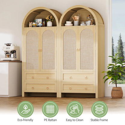 71" Tall Arched Kitchen Pantry Storage Cabinet, Food Pantry Cabinet Bookshelf with 2 Drawers, Wood Storage Cabinets with Door for Dining Room, Living Room