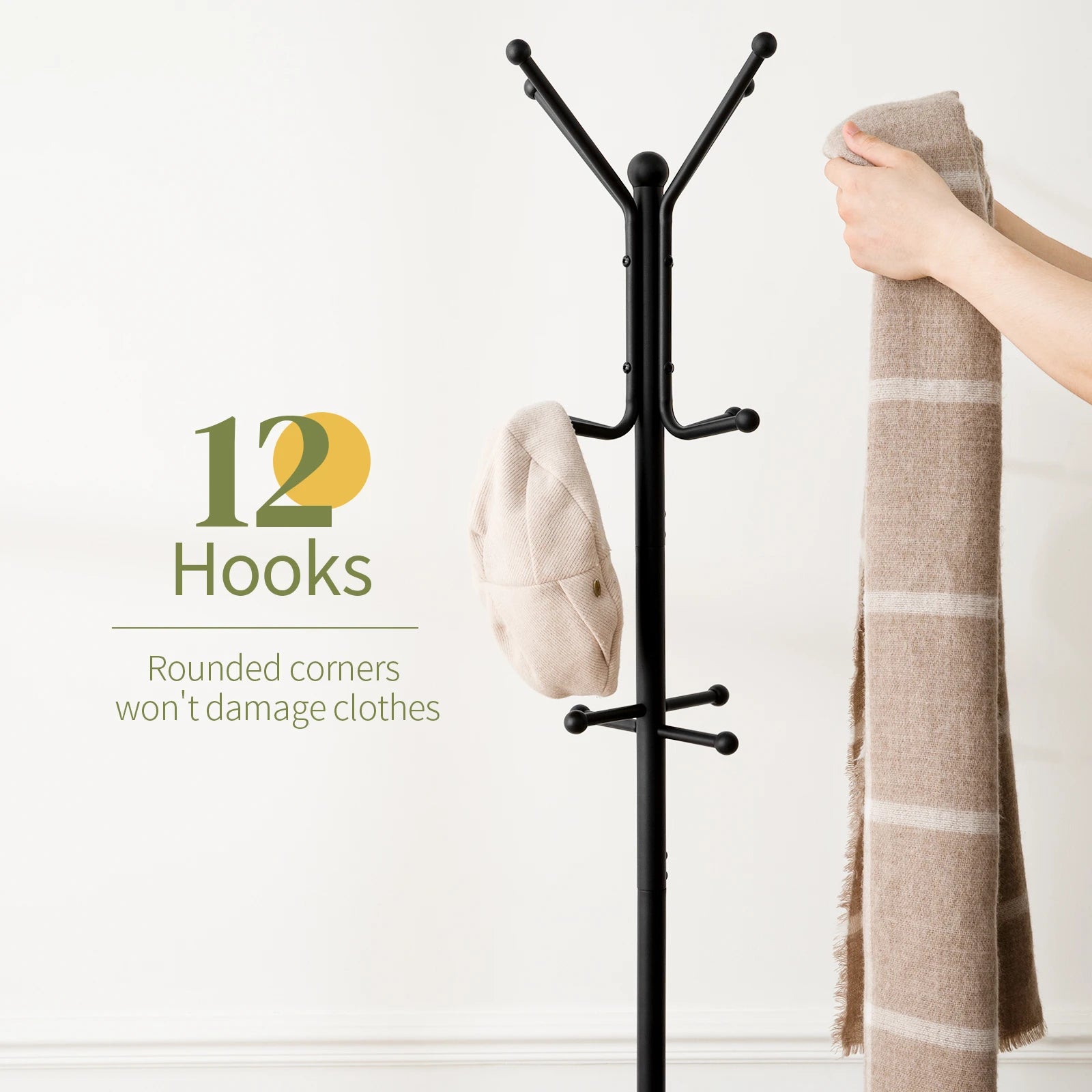 Coat Rack Freestanding, Coat Tree with Umbrella Holder, Metal Coat Rack Stand with 12 Hooks, Hall Tree Purse Rack for Entryway, Living Room