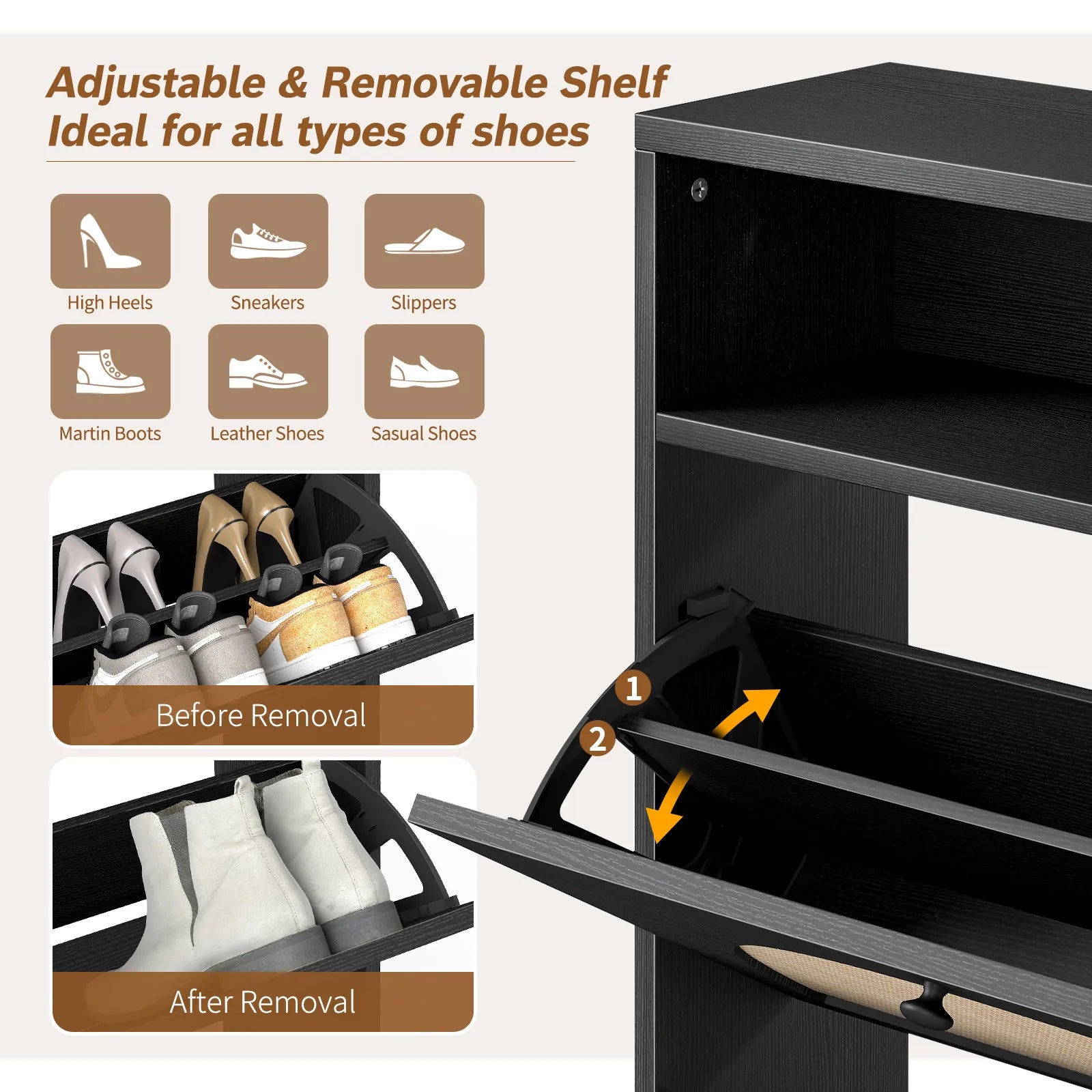 Rattan Shoe Cabinet with 2 Flip Drawers, Narrow Shoe Storage Cabinet with Adjustable Shelves, Wood Shoe Cabinet Storage for Entryway, Hallway