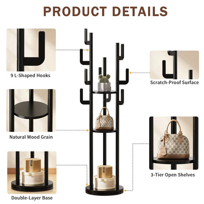 Rotary Coat Rack Freestanding, Solid Wood Coat Tree with 9 Hooks &amp; 3 Open Shelves for Corner, Entryway, Hall Tree for Purse, Bag, Jacket, Hat