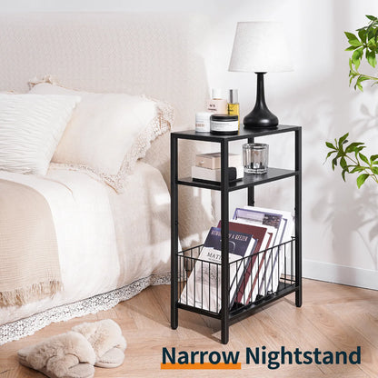 Yoob Narrow Side Table with Storage Basket, Small End Table for Small Spaces, Skinny End Tables Living Room Bedroom Office, 3 Tier Slim Nightstand