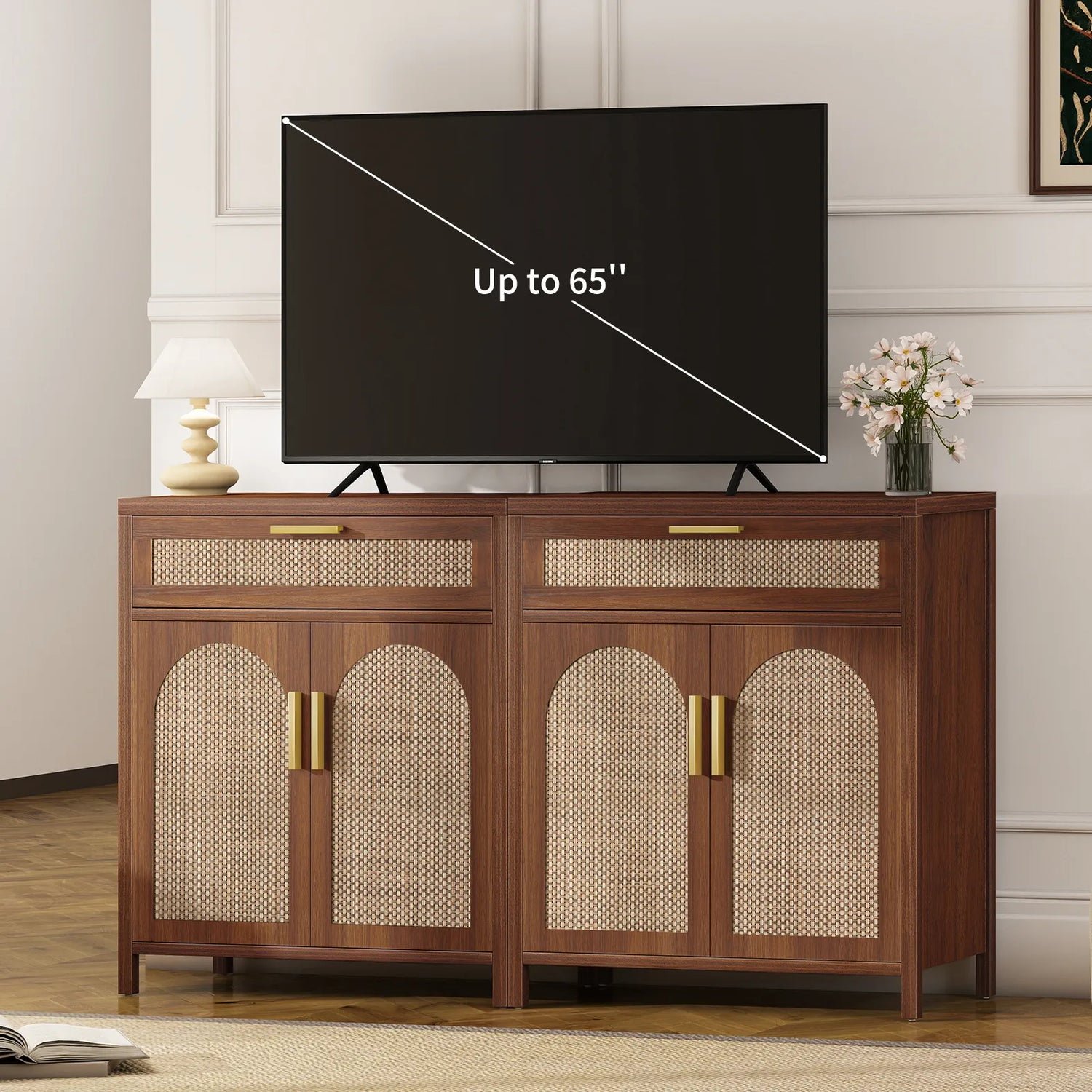Rattan Buffet Cabinet with Storage, Sideboard Cabinet with Doors and Shelves, Accent Storage Cabinet with Drawers, Wood Coffee Bar for Kitchen