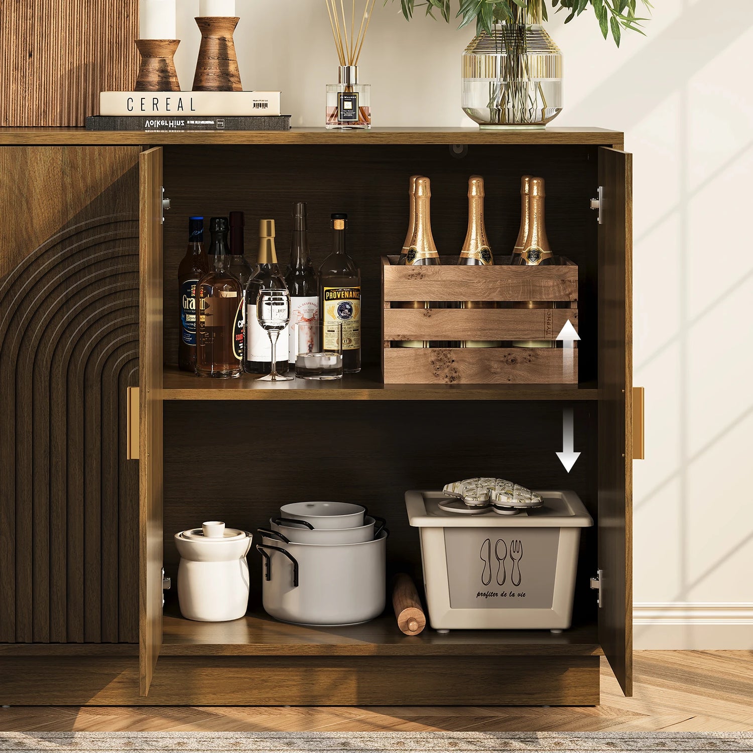 CURLA Fluted Sideboard Buffet Cabinet with Storage, 57" Coffee Bar Cabinet with 4 Doors &amp; Adjustable Shelf, Credenza for Kitchen Living Room