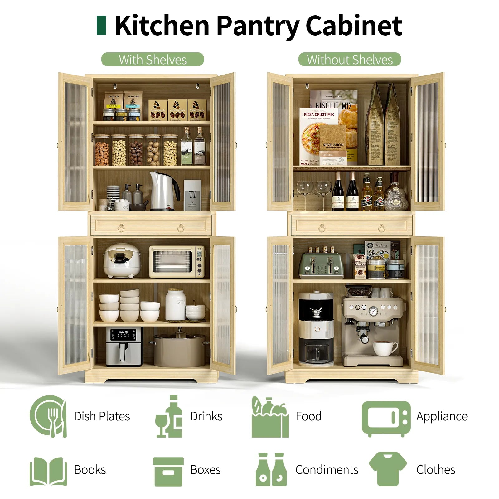 Curlaky 72" Kitchen Pantry Cabinet with Doors and Adjustable Shelves, Tall Kitchen Pantry Storage Cabinet with Drawers, Wood Food Storage Cabinets, Freestanding Cupboard for Dining Room, Living Room