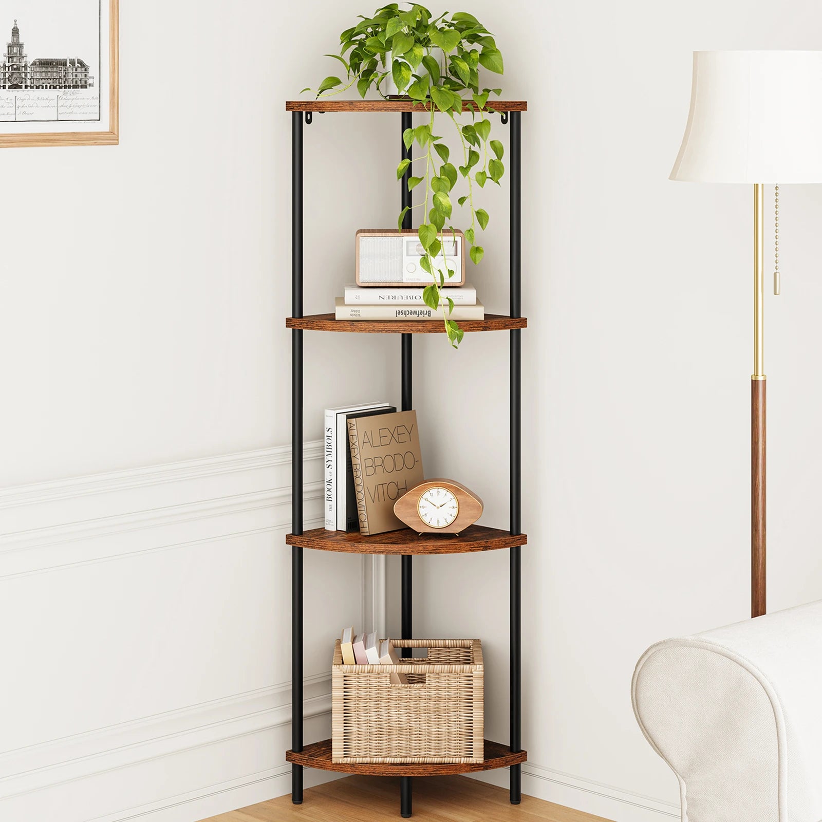 4-Tier Corner Shelf Stand, 50" Tall Corner Bookshelf Display Shelf for Bedroom, Bathroom, Living Room, Berry Brown