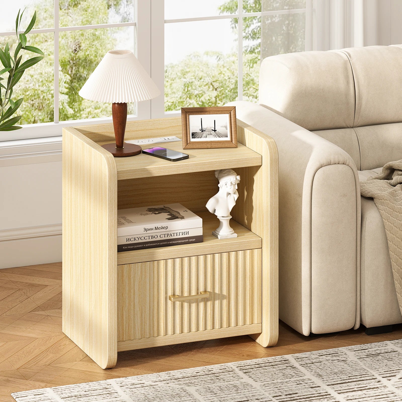 Fluted Nightstand with Charging Station,Wood Bedside Table Night Stand with Drawer and Open Shelf,Modern End Side Table for Bedroom Living Room