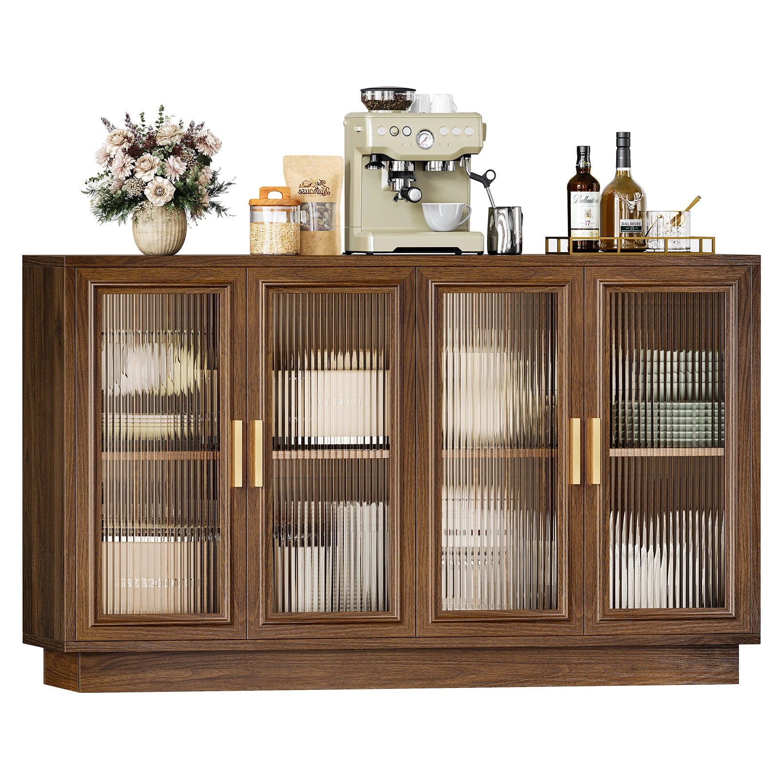 CURLA 55.1" Sideboard Buffet Cabinet with Storage,  Wood Kitchen Cabinet with 4 Fluted Doors, Large Buffet Table, Credenza Coffee Bar for Dining Living Room