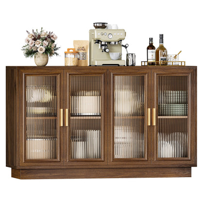 CURLA 55.1" Sideboard Buffet Cabinet with Storage,  Wood Kitchen Cabinet with 4 Fluted Doors, Large Buffet Table, Credenza Coffee Bar for Dining Living Room