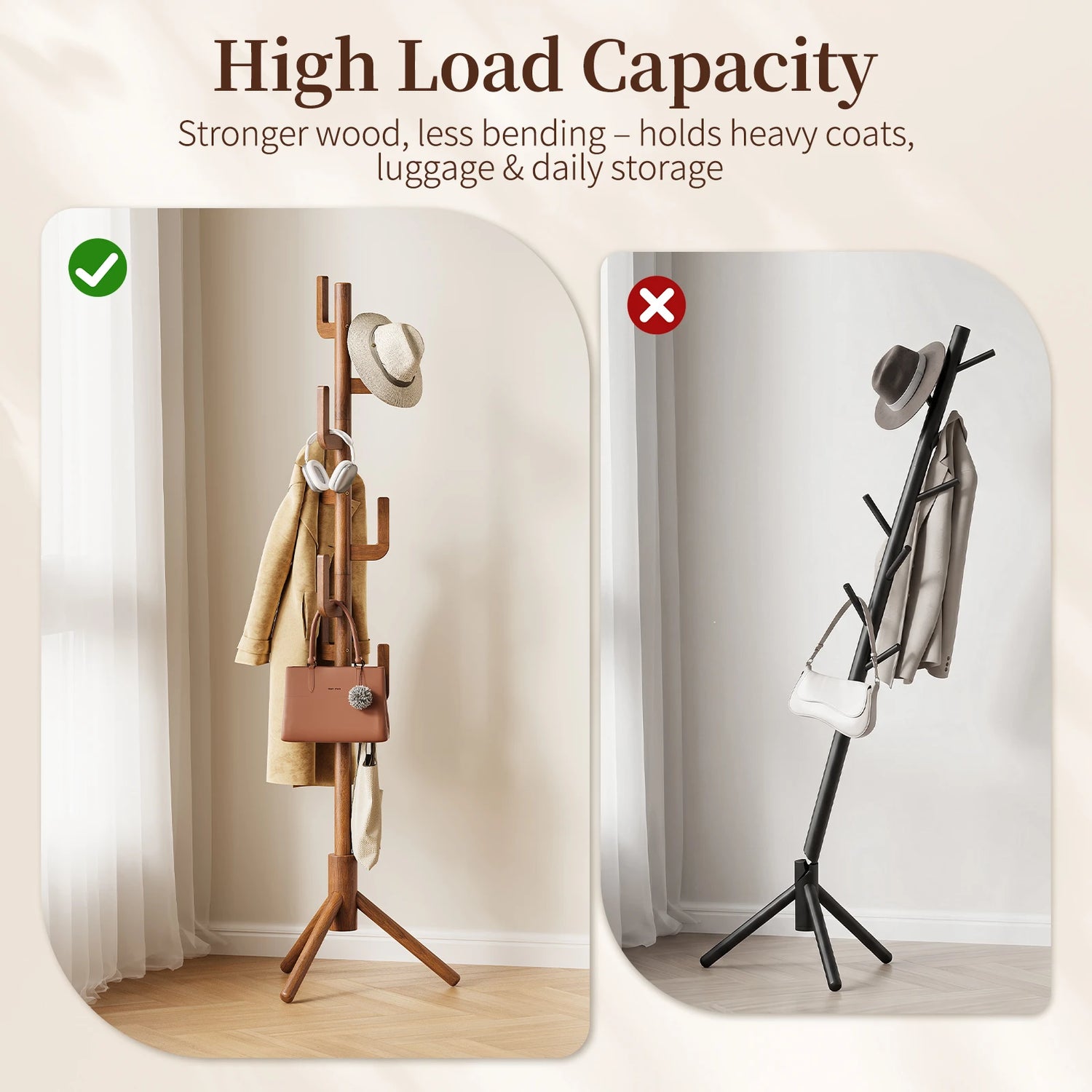 Maliowa Solid Wood Coat Rack Freestanding, Cactus Coat Tree with 8 Hooks for Jacket, Hat, Clothes, Coat Hanger Stand for Hall, Entryway, Bedroom