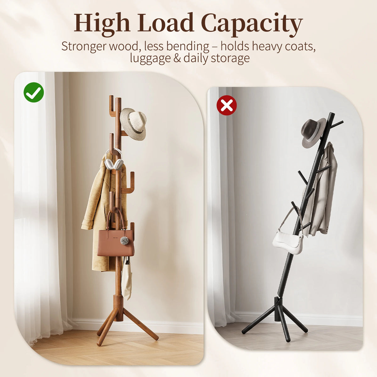 Maliowa Solid Wood Coat Rack Freestanding, Cactus Coat Tree with 8 Hooks for Jacket, Hat, Clothes, Coat Hanger Stand for Hall, Entryway, Bedroom