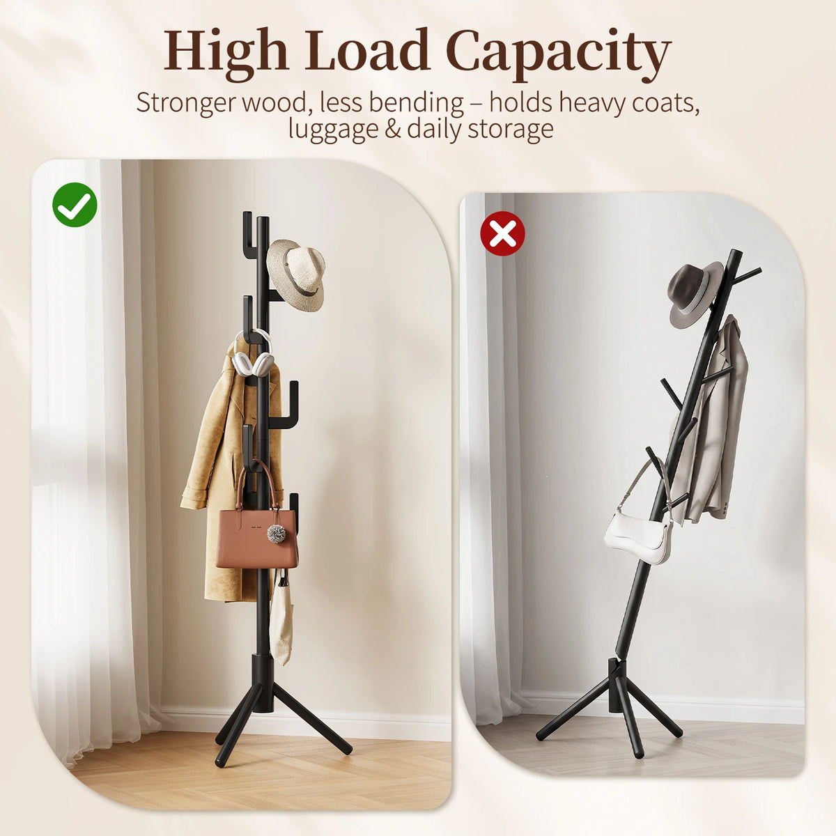 Maliowa Solid Wood Coat Rack Freestanding, Cactus Coat Tree with 8 Hooks for Jacket, Hat, Clothes, Coat Hanger Stand for Hall, Entryway, Bedroom