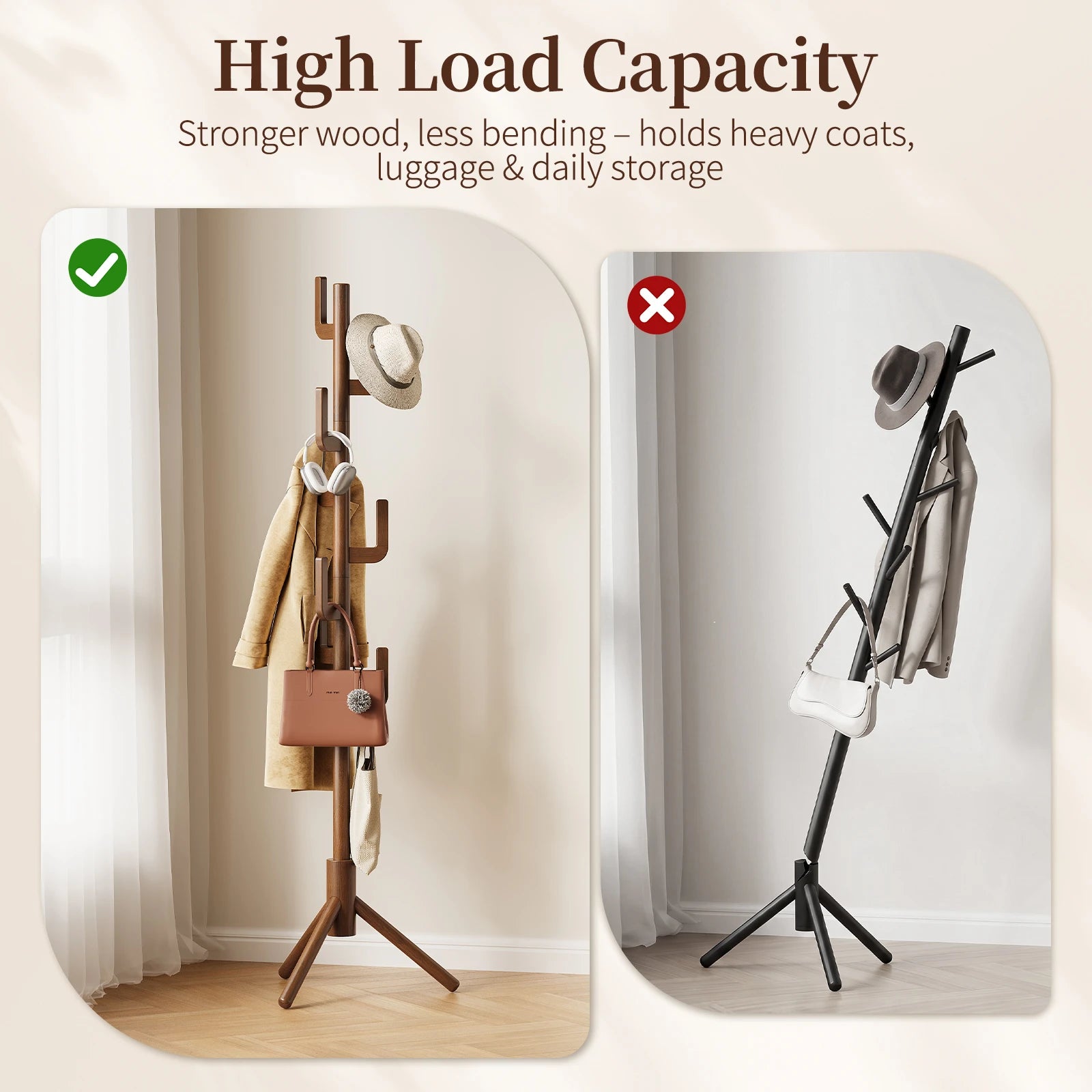 Maliowa Solid Wood Coat Rack Freestanding, Cactus Coat Tree with 8 Hooks for Jacket, Hat, Clothes, Coat Hanger Stand for Hall, Entryway, Bedroom
