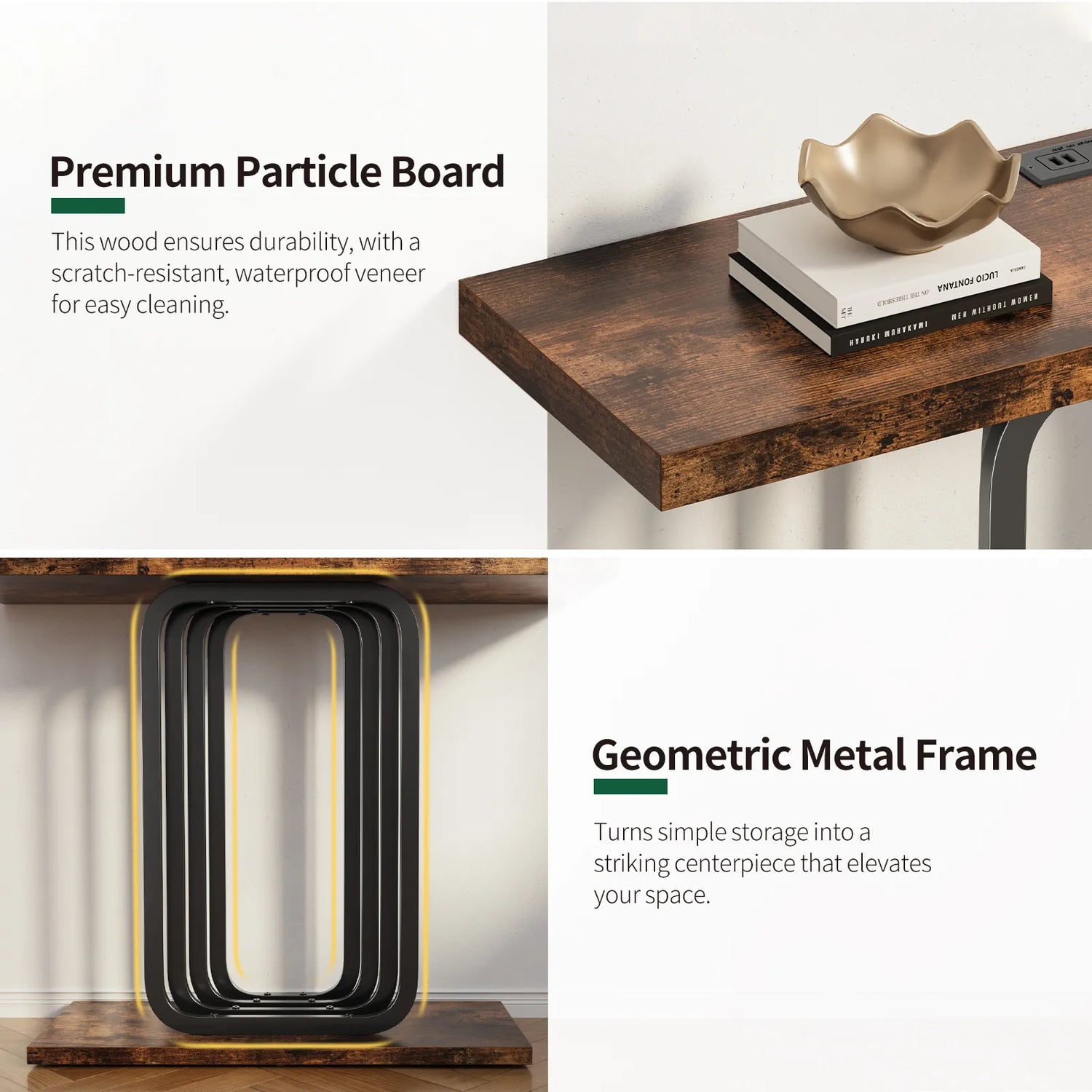 Narrow Console Table with Outlet, Industrial Entryway Table with Unique Base, Small Sofa Table, behind couch table for Entry Way Living Room,Brown