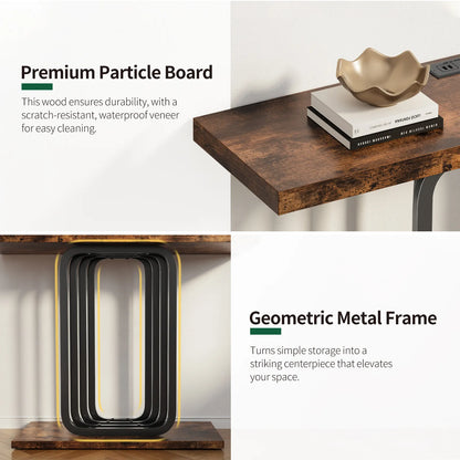 Narrow Console Table with Outlet, Industrial Entryway Table with Unique Base, Small Sofa Table, behind couch table for Entry Way Living Room,Brown