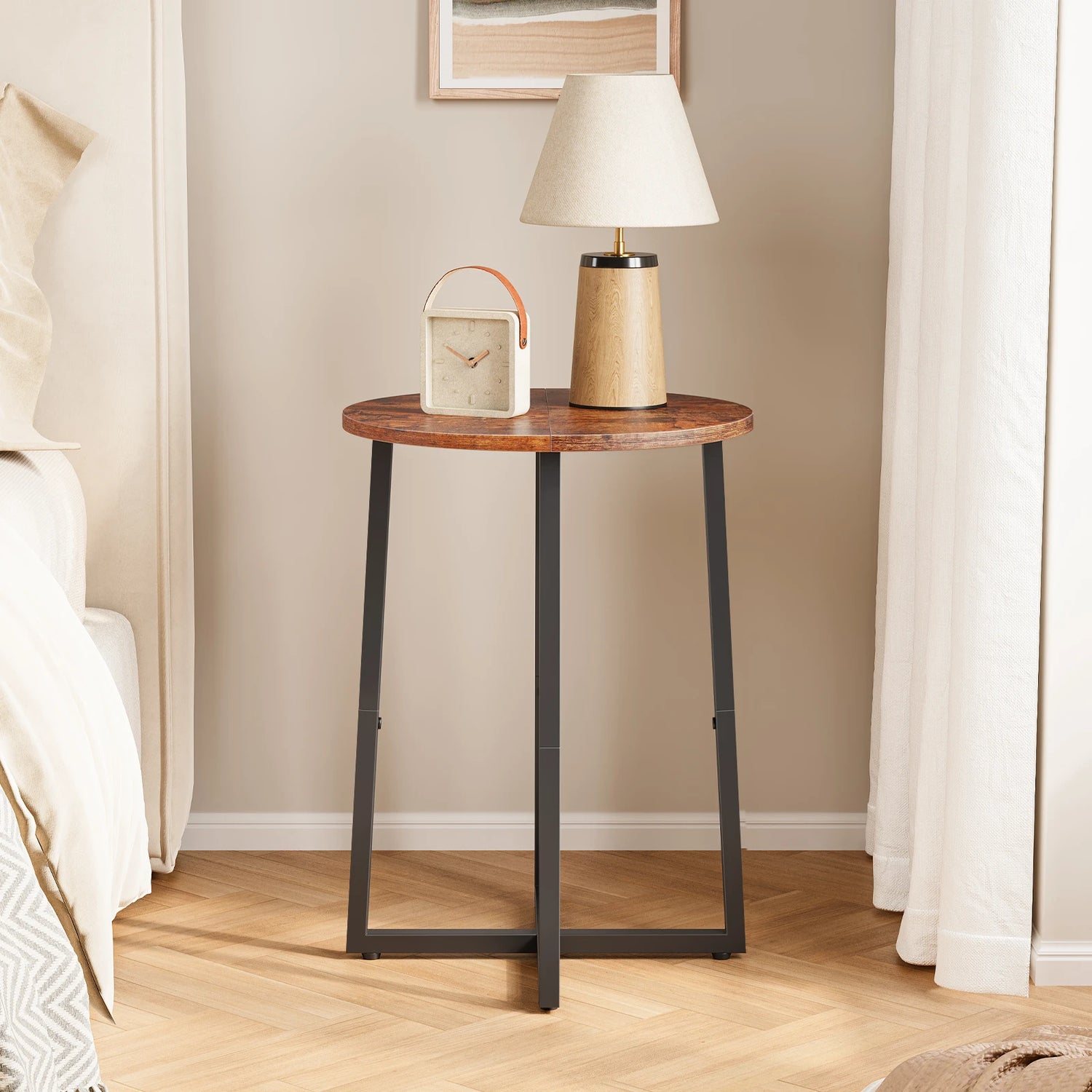 Round Side Table for Small Spaces, Small Table with Metal Legs,Accent End Tables for Living Room Bedroom,Reddish Brown
