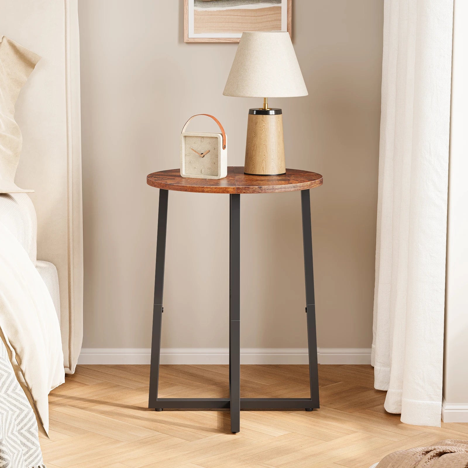 Round Side Table for Small Spaces, Small Table with Metal Legs,Accent End Tables for Living Room Bedroom,Reddish Brown