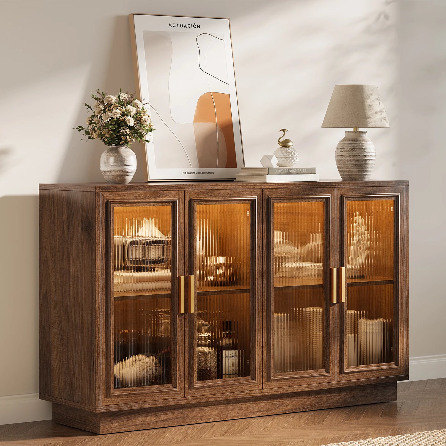 CURLA 55.1" Sideboard Buffet Cabinet with Storage,  Wood Kitchen Cabinet with 4 Fluted Doors, Large Buffet Table, Credenza Coffee Bar for Dining Living Room