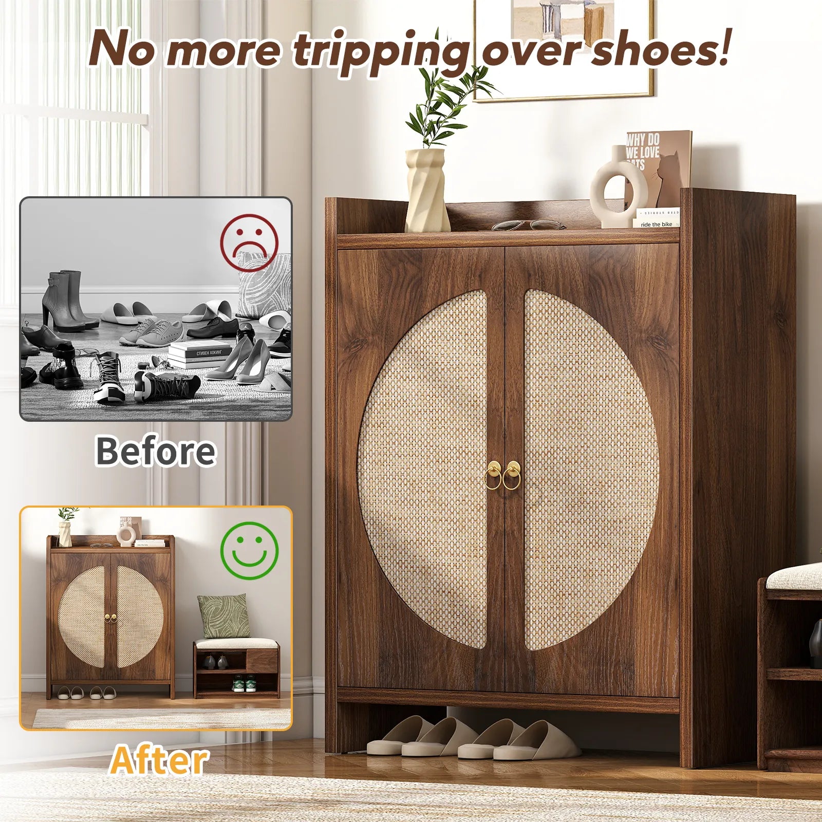 CURLA Rattan Shoe Cabinet Storage for Entryway, Entry Way Shoe Storage Cabinet with Adjustable Shelves, Wood Shoe Organizer Cabinet, Accent Cabinet with Doors for Entrance Hallway Living Room Foyer
