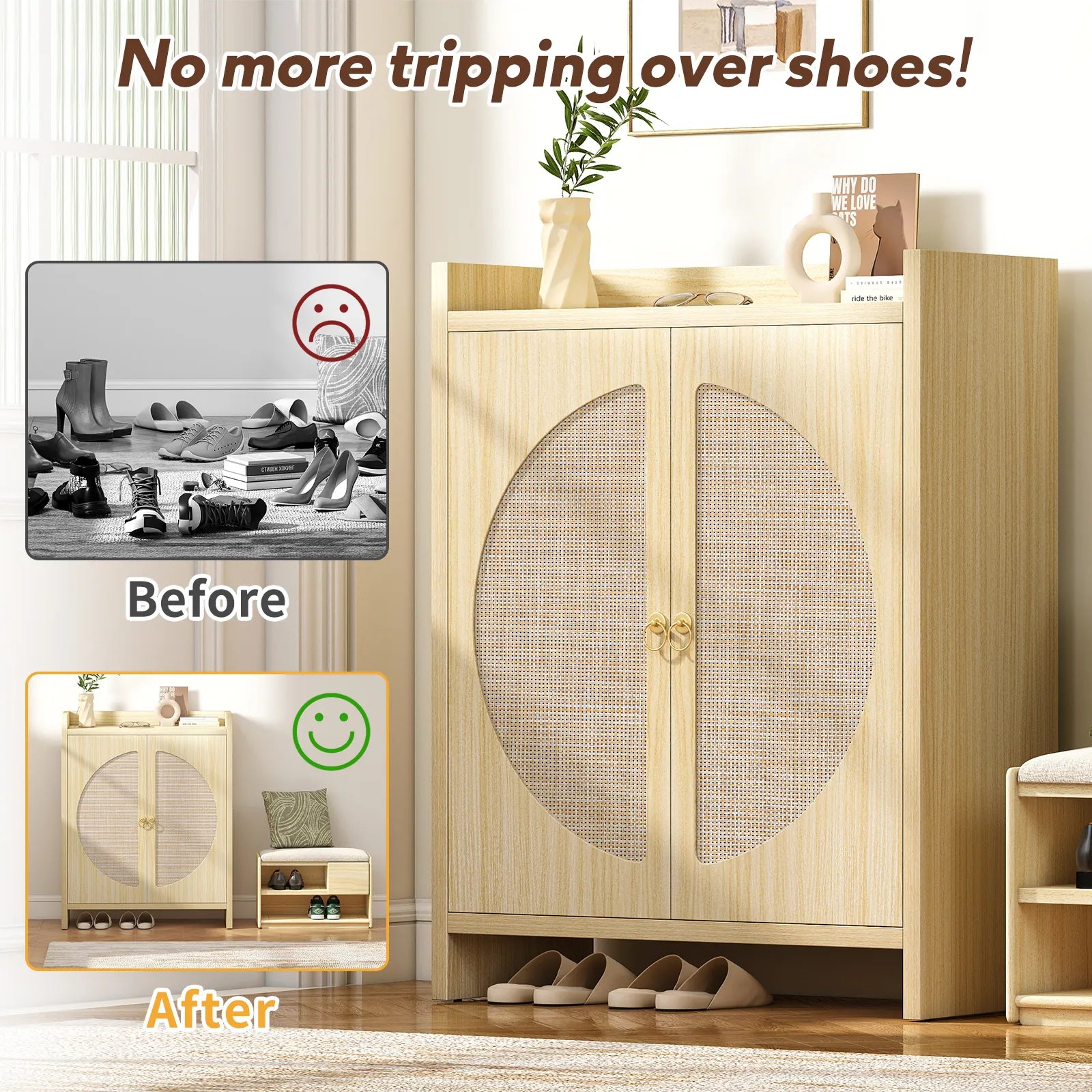 CURLA Rattan Shoe Cabinet Storage for Entryway, Entry Way Shoe Storage Cabinet with Adjustable Shelves, Wood Shoe Organizer Cabinet, Accent Cabinet with Doors for Entrance Hallway Living Room Foyer