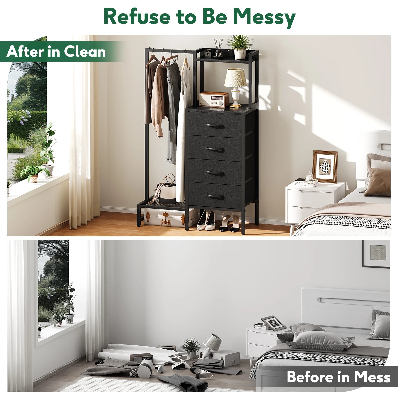 Yoob Small Dresser with Hanging Rack - Small Closet with 4 Fabric Storage Drawers, Chest of Drawer for Bedroom Entryway Dorm