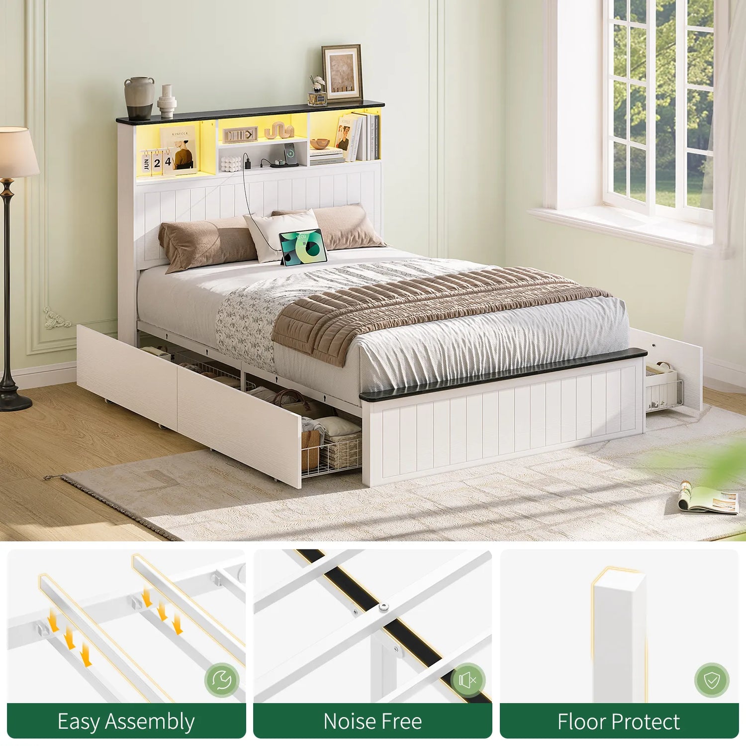 Full Size Bed Frame with Headboard, Farmhouse Wood Full Bed Frame with 4 Storage Drawers, Platform Beds with Charging Station &amp; LED Light