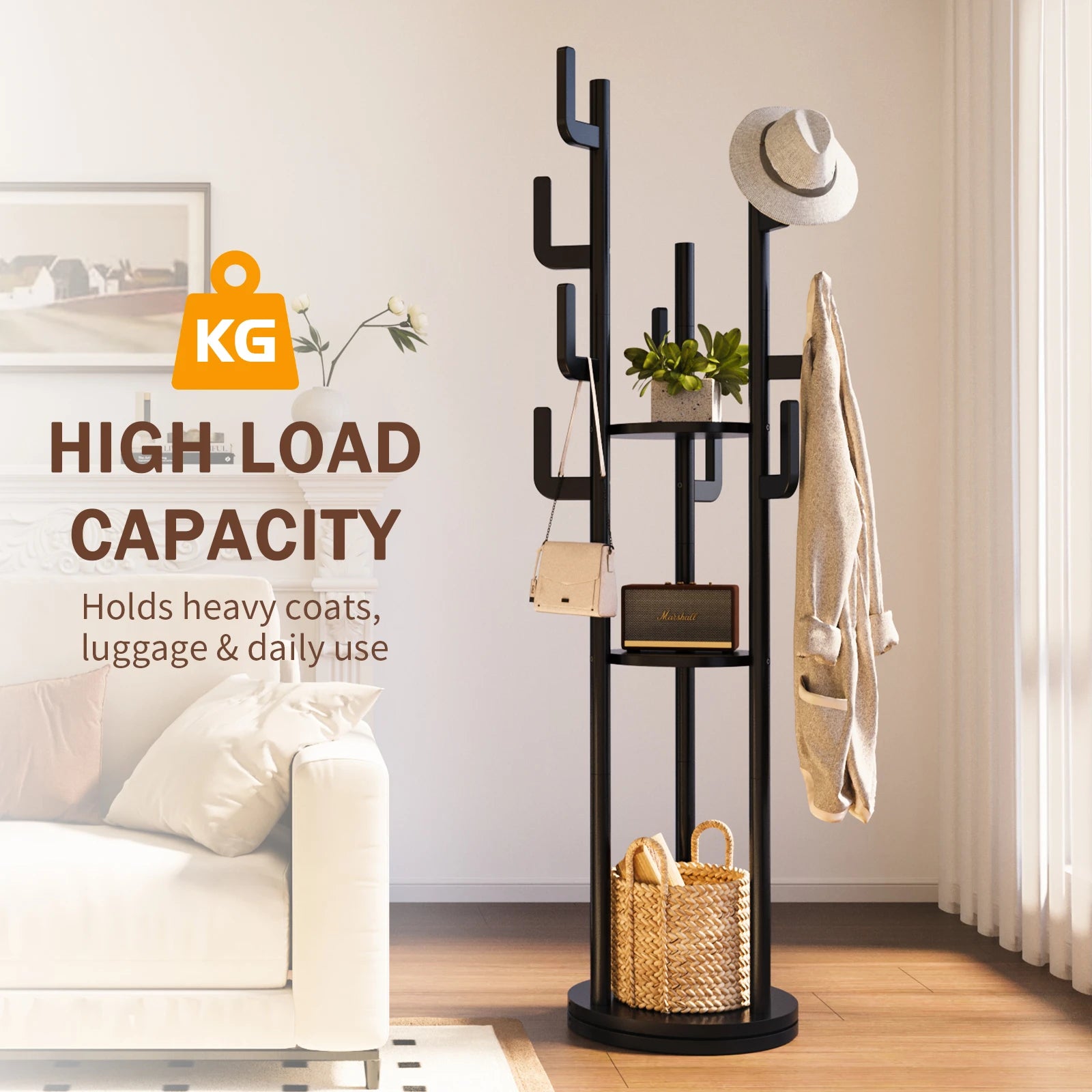 Rotary Coat Rack Freestanding, Solid Wood Coat Tree with 9 Hooks &amp; 3 Open Shelves for Corner, Entryway, Hall Tree for Purse, Bag, Jacket, Hat