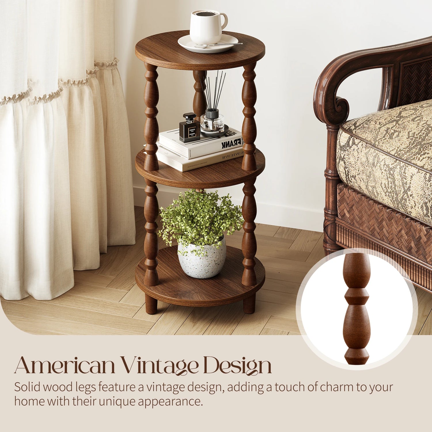 Maliowa 3-Tier Side Table, Small Round End Table for Living Room Bedroom, Accent Table Narrow Nightstand with Storage Shelf