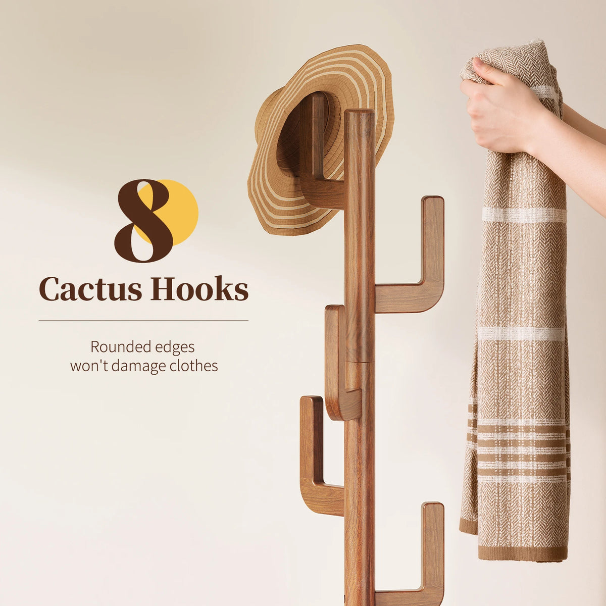 Maliowa Solid Wood Coat Rack Freestanding, Cactus Coat Tree with 8 Hooks for Jacket, Hat, Clothes, Coat Hanger Stand for Hall, Entryway, Bedroom