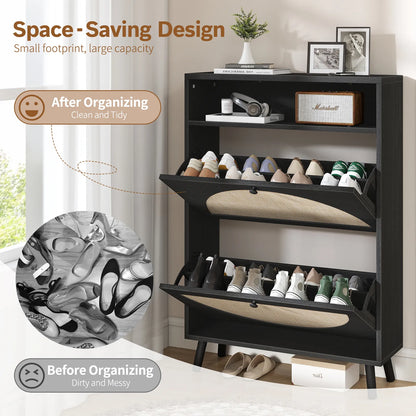 Rattan Shoe Cabinet with 2 Flip Drawers, Narrow Shoe Storage Cabinet with Adjustable Shelves, Wood Shoe Cabinet Storage for Entryway, Hallway