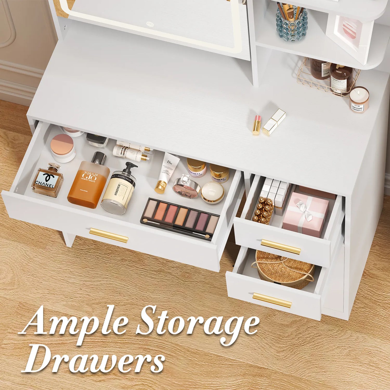 Vanity Desk with Mirror and Lights, Makeup Vanity Desk with Drawers &amp; Cabinet, Vanities with Upholstered Chair, White Makeup Table with Storage Shelves, Girls Dressing Table for Bedroom