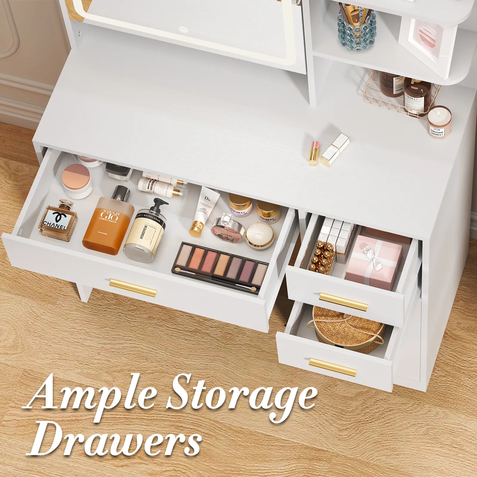 Vanity Desk with Mirror and Lights, Makeup Vanity Desk with Drawers &amp; Cabinet, Vanities with Upholstered Chair, White Makeup Table with Storage Shelves, Girls Dressing Table for Bedroom