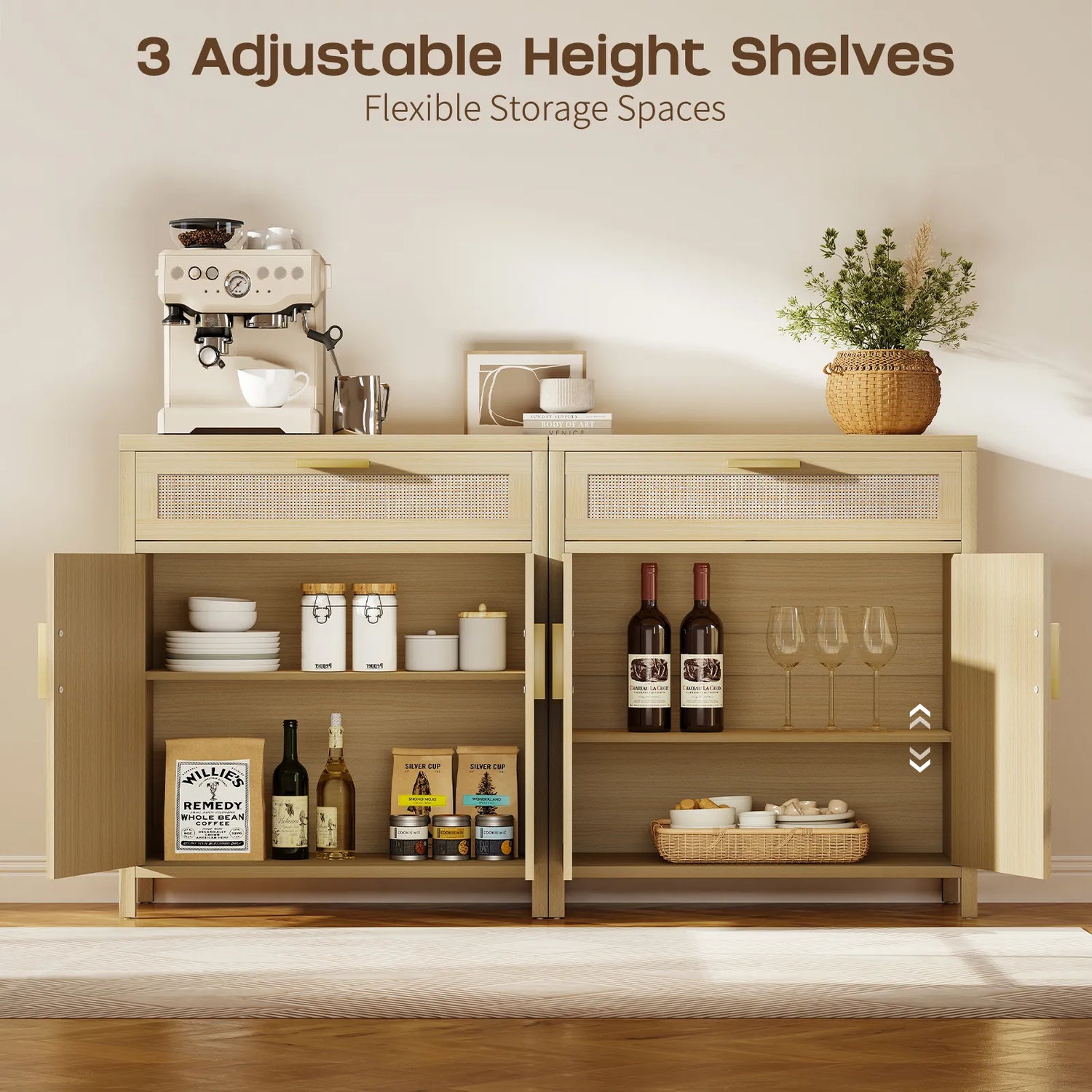 Rattan Buffet Cabinet with Storage, Sideboard Cabinet with Doors and Shelves, Accent Storage Cabinet with Drawers, Wood Coffee Bar for Kitchen
